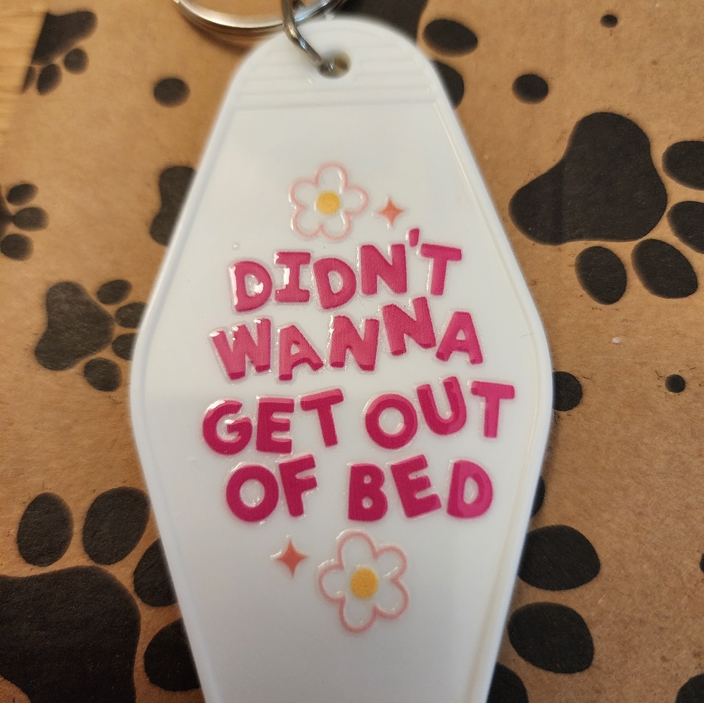 White Keychain with Pink Text - Picture 2 of 3